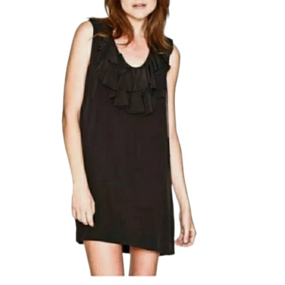 Joie Black Ruffle 100% Silk Black Midi Career Party Little Black Dress LG
